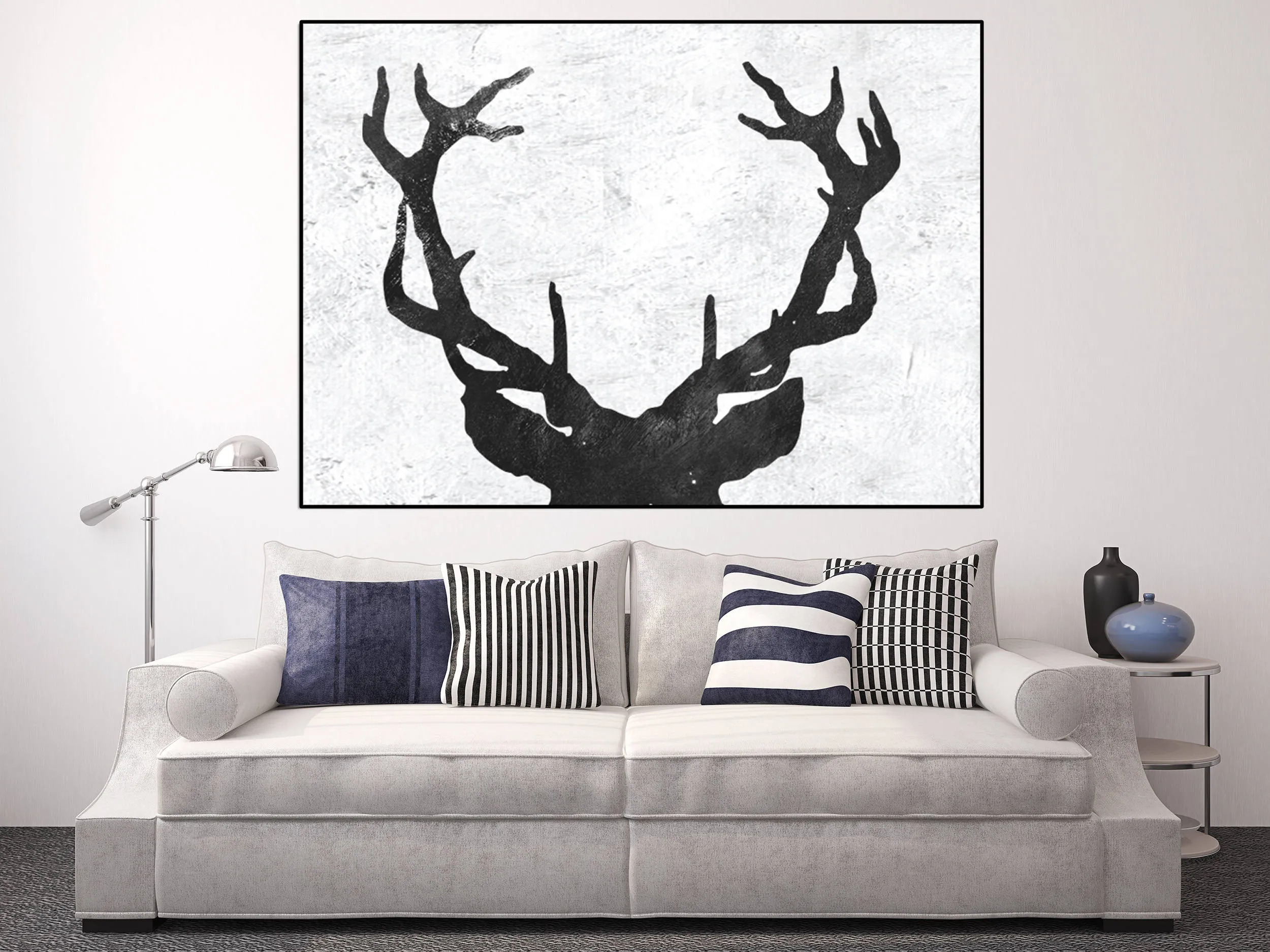 Deer Antler Abstract Painting Large Black and White Art Fp011