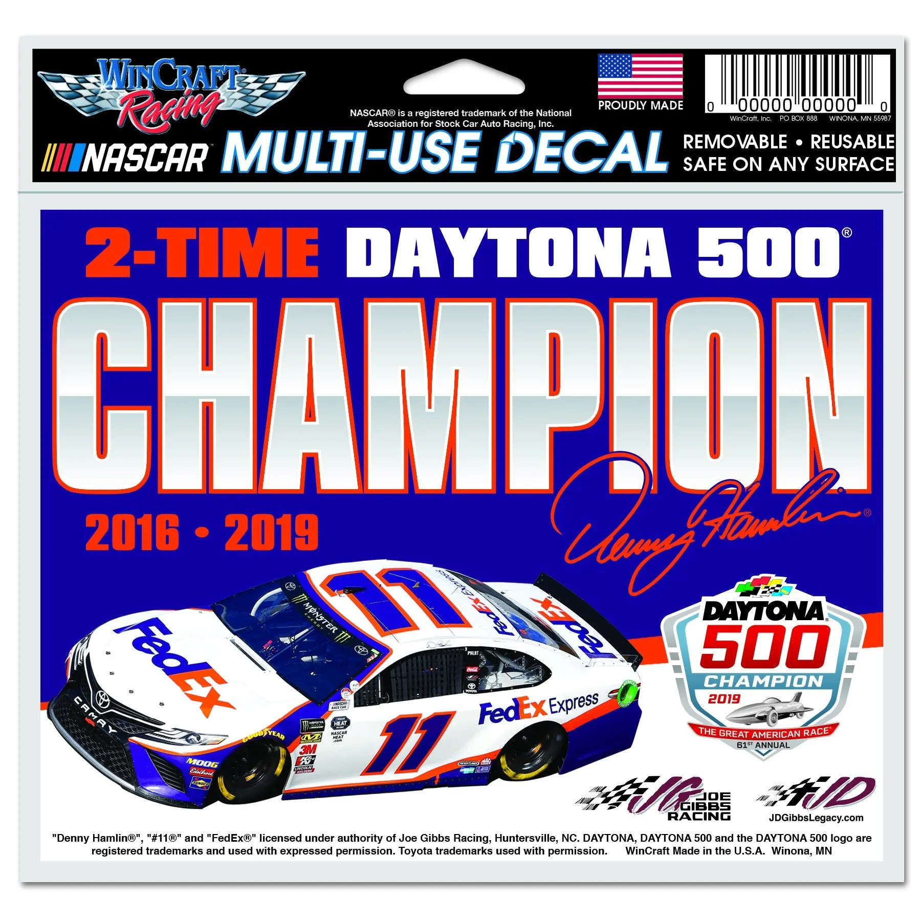 Denny Hamlin #11 NASCAR 2016 2019 2-Time Daytona 500 Champion Multi-Use Decal