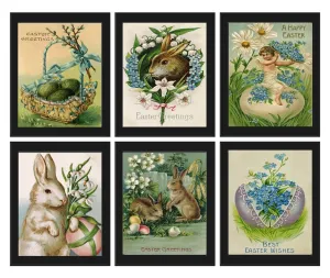Easter Basket Bunny Rabbit Eggs Wall Art Set of 6 Prints Beautiful Vintage Post Cart Blue Forget-Me-Not Flowers Home Decor to Frame PRI