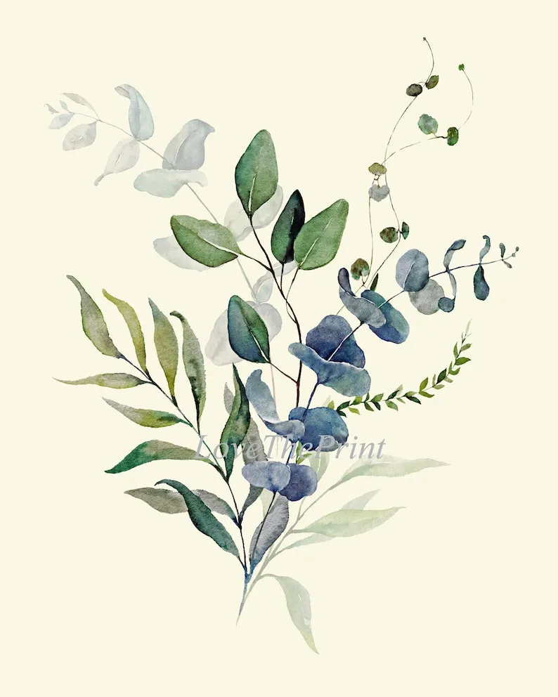 Eucalyptus Botanical Prints Wall Art Decor Set of 4 Beautiful Blue Green Tree Leaf Leaves Relaxation Relaxing Nature Flowers to Frame CMEU