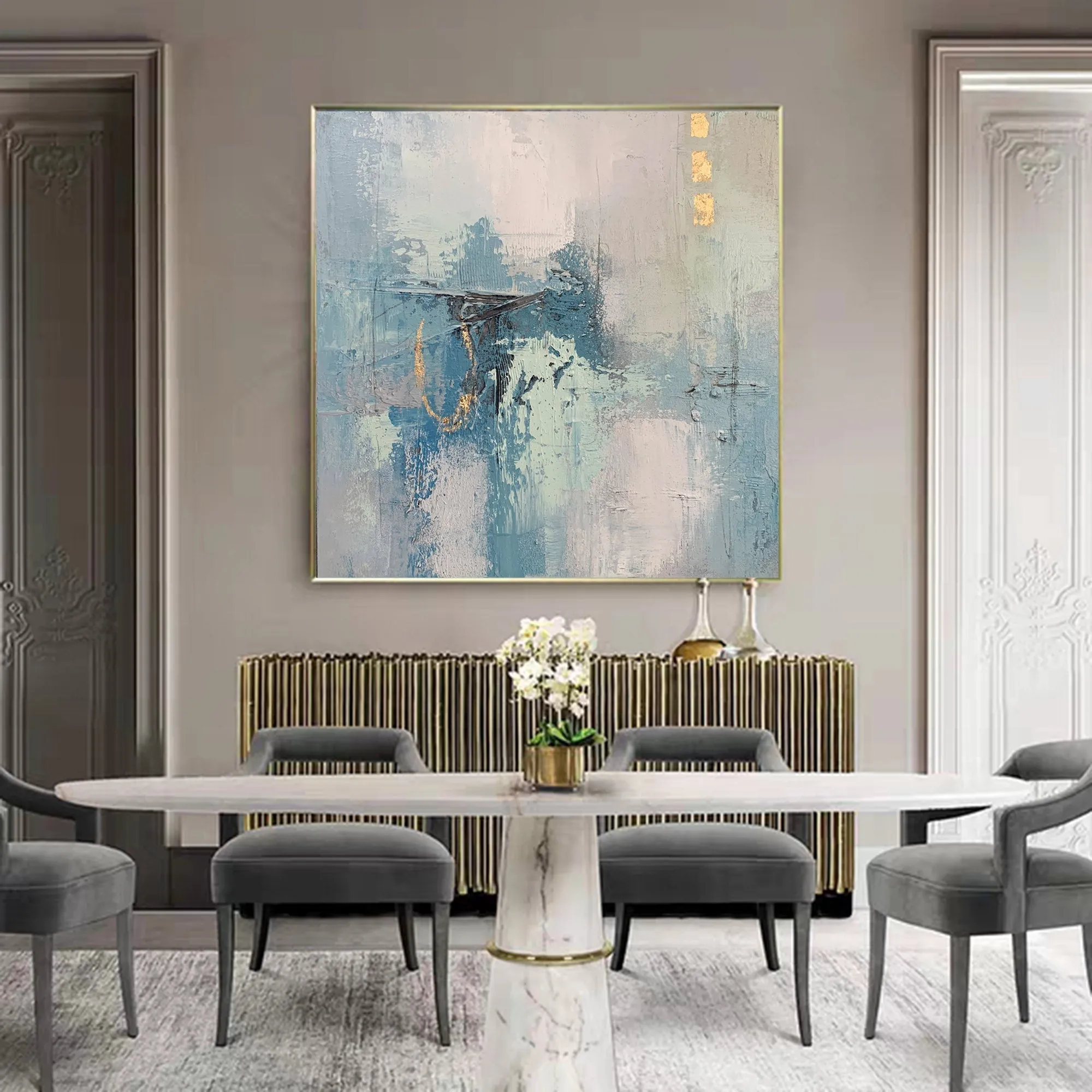 Gold Blue Original Abstract Painting Acrylic Huge Wall Art Yp023