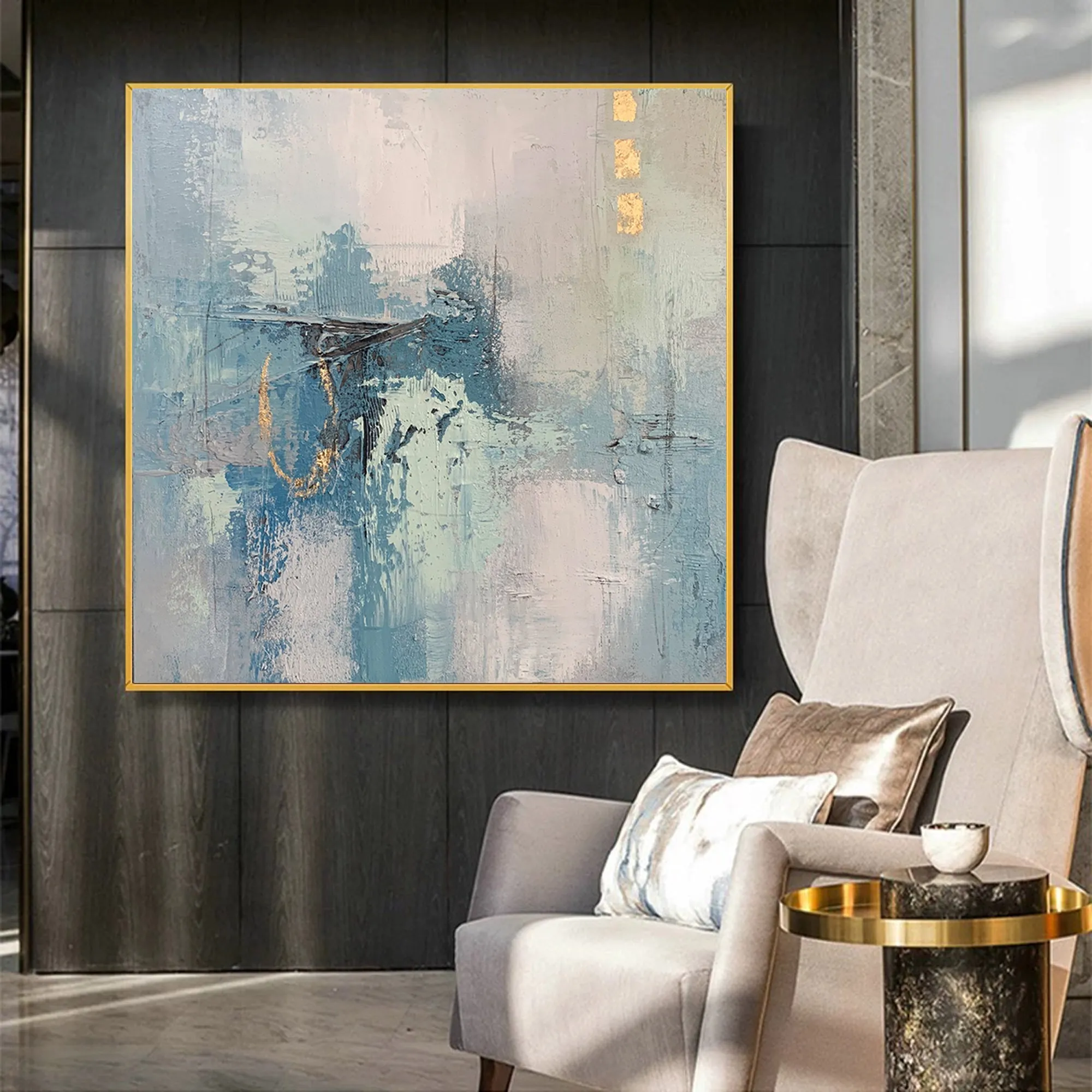 Gold Blue Original Abstract Painting Acrylic Huge Wall Art Yp023