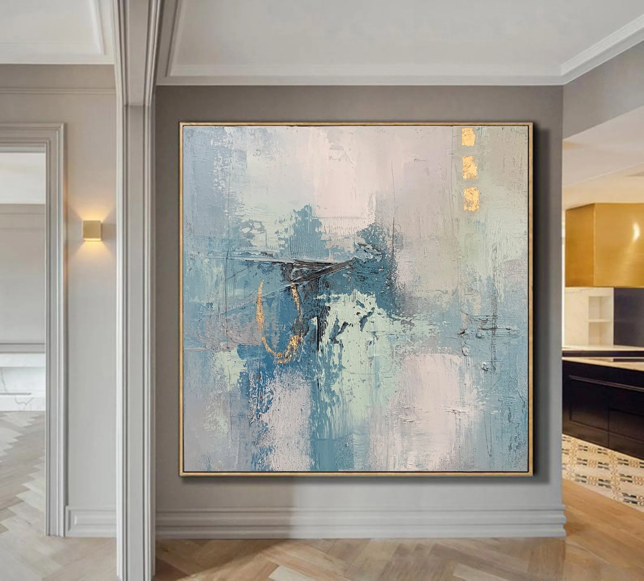 Gold Blue Original Abstract Painting Acrylic Huge Wall Art Yp023