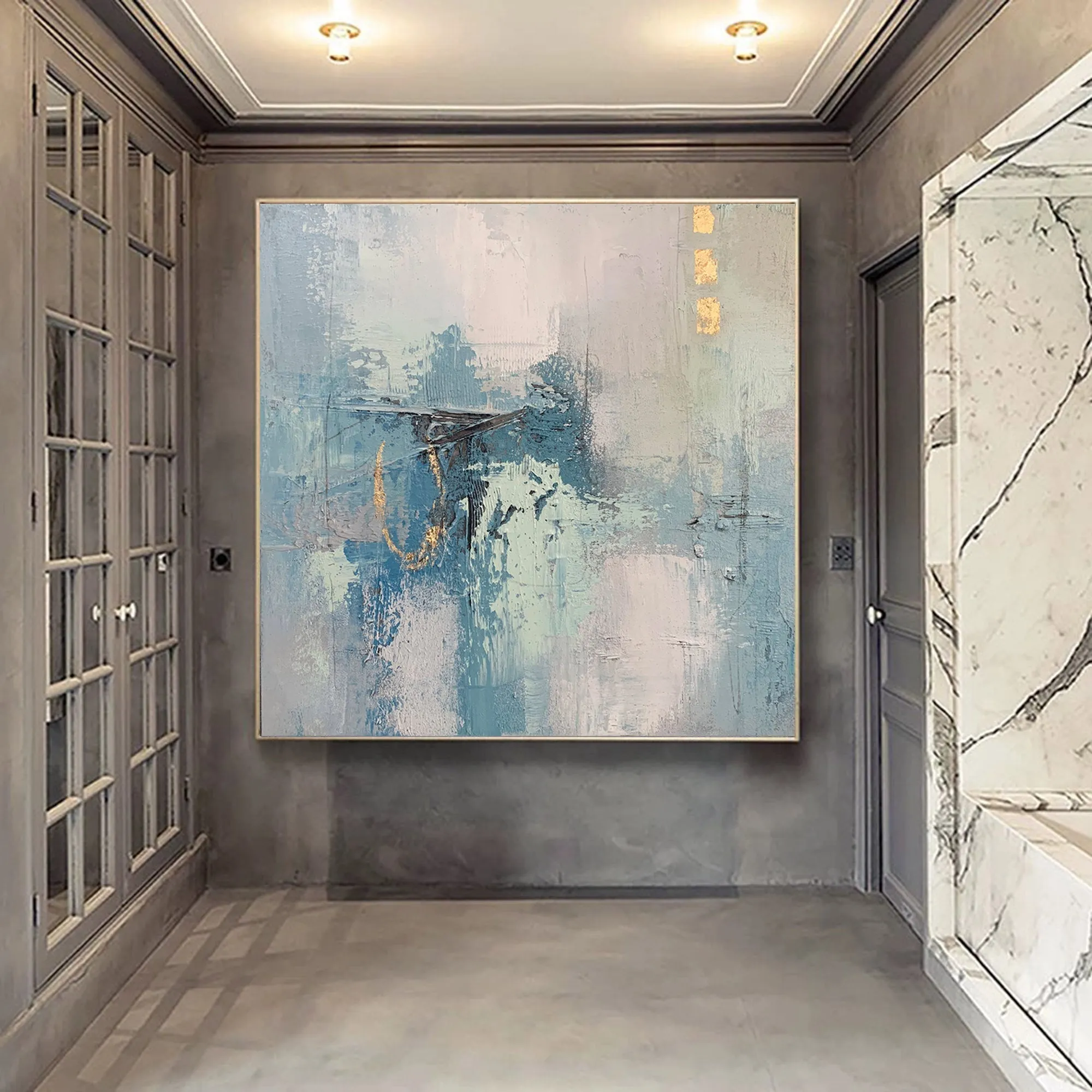 Gold Blue Original Abstract Painting Acrylic Huge Wall Art Yp023