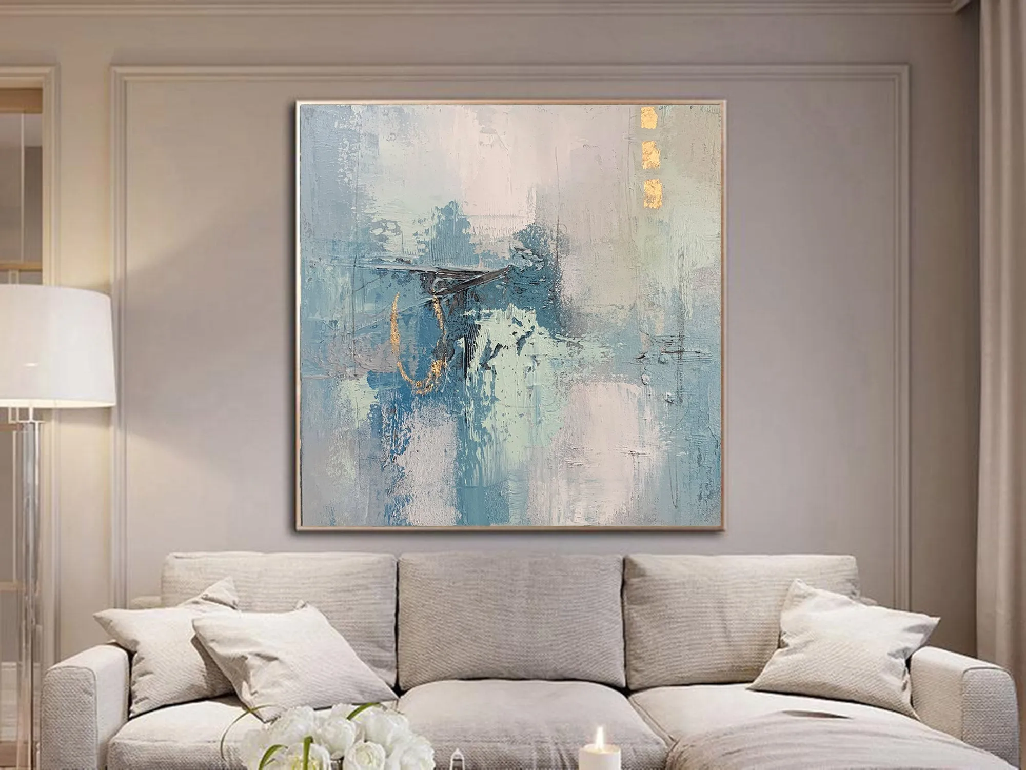 Gold Blue Original Abstract Painting Acrylic Huge Wall Art Yp023