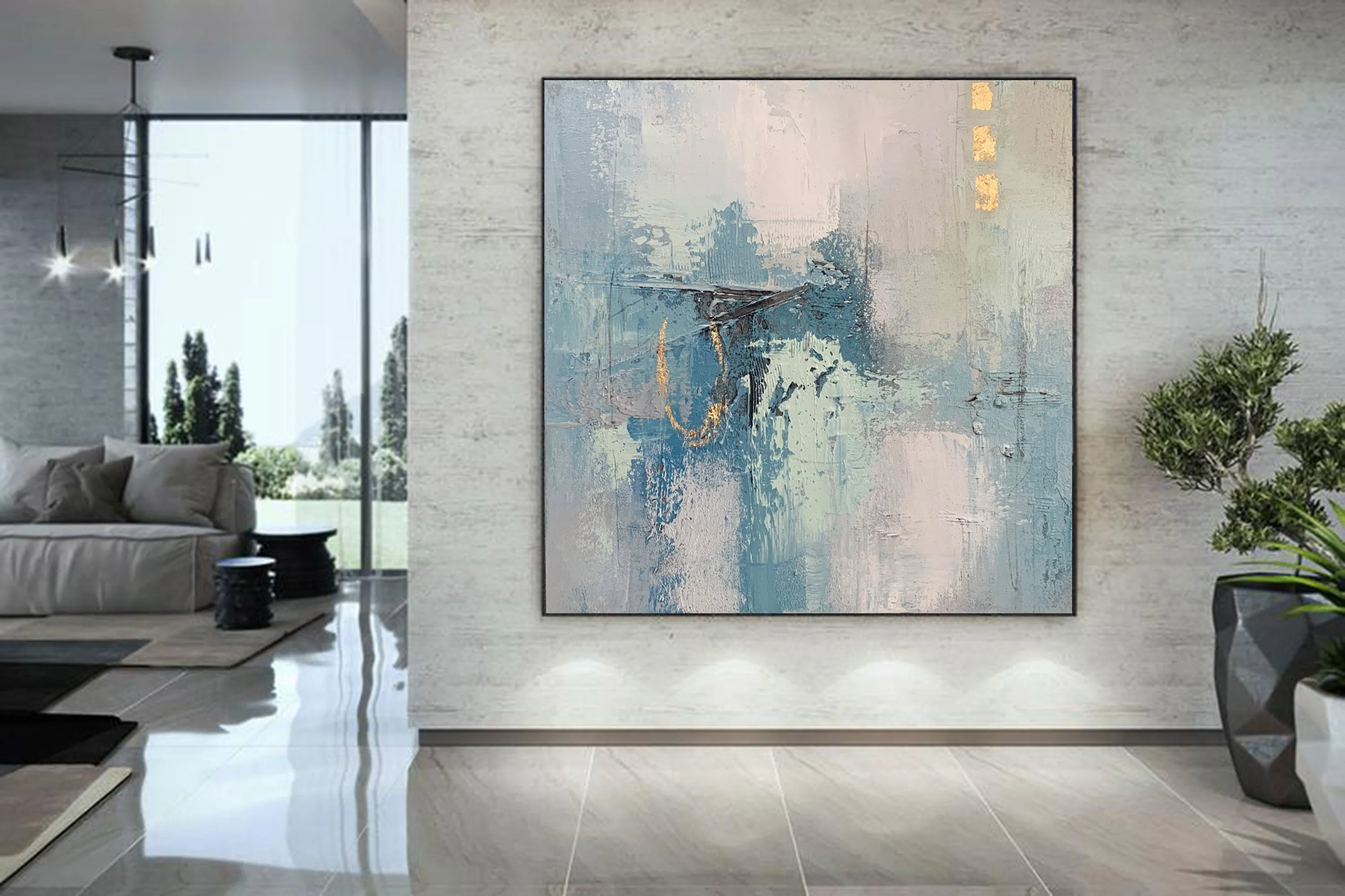 Gold Blue Original Abstract Painting Acrylic Huge Wall Art Yp023