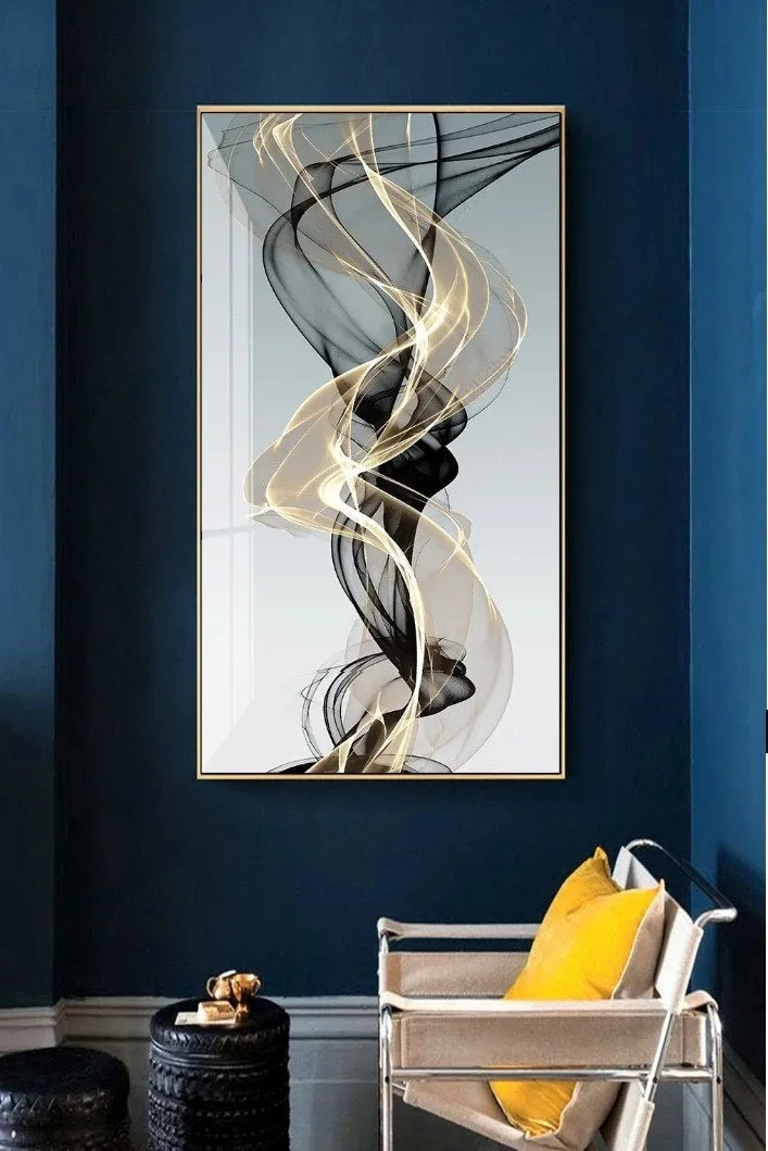 Gold framed canvas wall art abstract, black and gold vertical painting, large floating frame wall art bedroom, extra large wall art print
