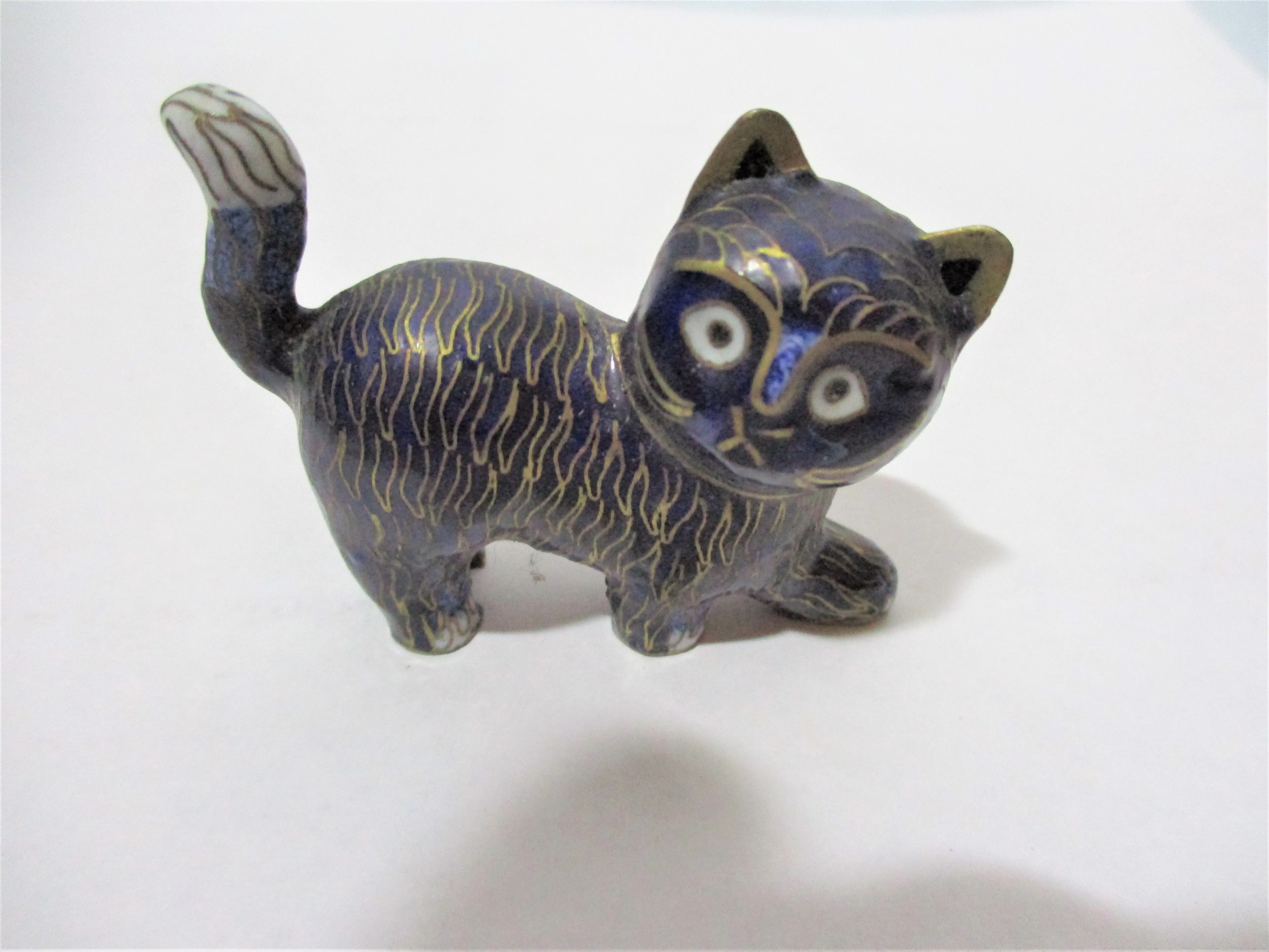 Handmade Cloisonne Mini KITTY CAT jEWELED Figurine Sculpture BLUE Cute Asian