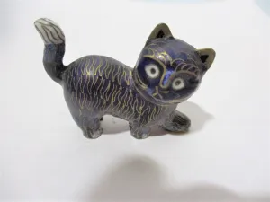 Handmade Cloisonne Mini KITTY CAT jEWELED Figurine Sculpture BLUE Cute Asian