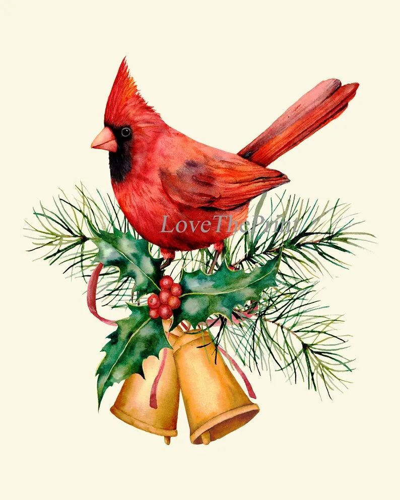 Holiday Christmas Wall Art Holiday Home Decor Print Set of 3 Birds Red Robin Pinecone Bells Poinsettia Dining Room Home Decor to Frame CM