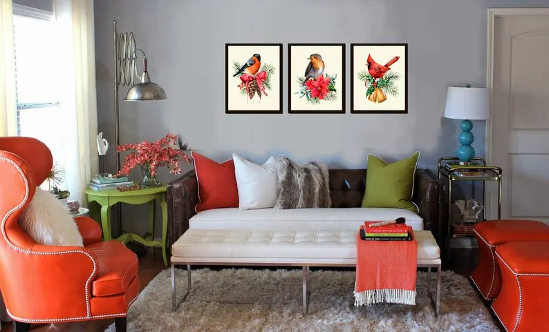 Holiday Christmas Wall Art Holiday Home Decor Print Set of 3 Birds Red Robin Pinecone Bells Poinsettia Dining Room Home Decor to Frame CM