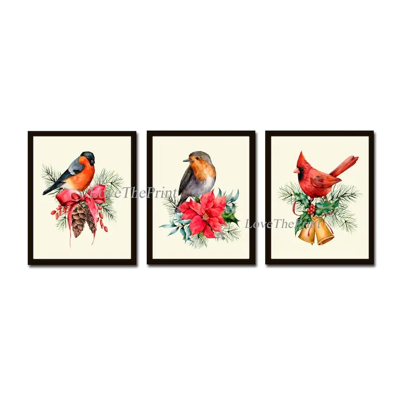 Holiday Christmas Wall Art Holiday Home Decor Print Set of 3 Birds Red Robin Pinecone Bells Poinsettia Dining Room Home Decor to Frame CM