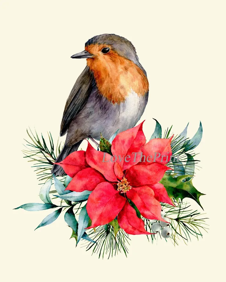 Holiday Christmas Wall Art Holiday Home Decor Print Set of 3 Birds Red Robin Pinecone Bells Poinsettia Dining Room Home Decor to Frame CM