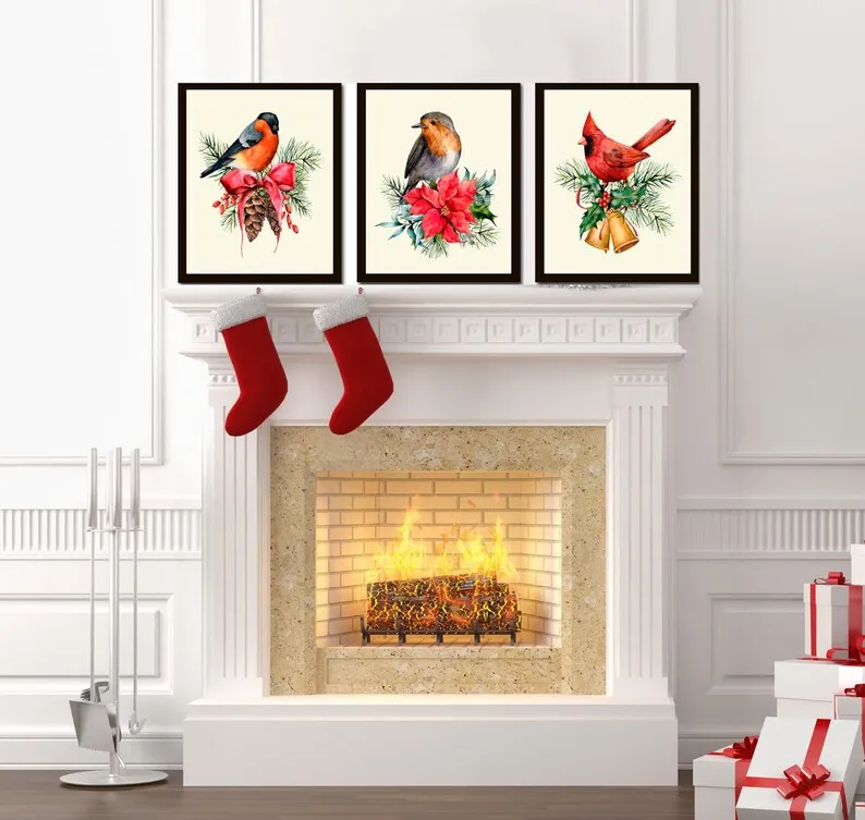 Holiday Christmas Wall Art Holiday Home Decor Print Set of 3 Birds Red Robin Pinecone Bells Poinsettia Dining Room Home Decor to Frame CM