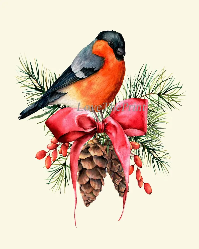 Holiday Christmas Wall Art Holiday Home Decor Print Set of 3 Birds Red Robin Pinecone Bells Poinsettia Dining Room Home Decor to Frame CM