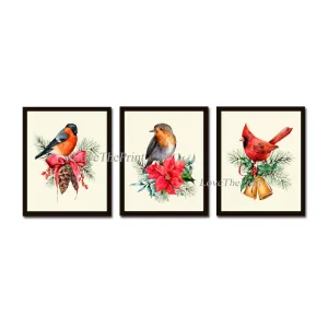 Holiday Christmas Wall Art Holiday Home Decor Print Set of 3 Birds Red Robin Pinecone Bells Poinsettia Dining Room Home Decor to Frame CM