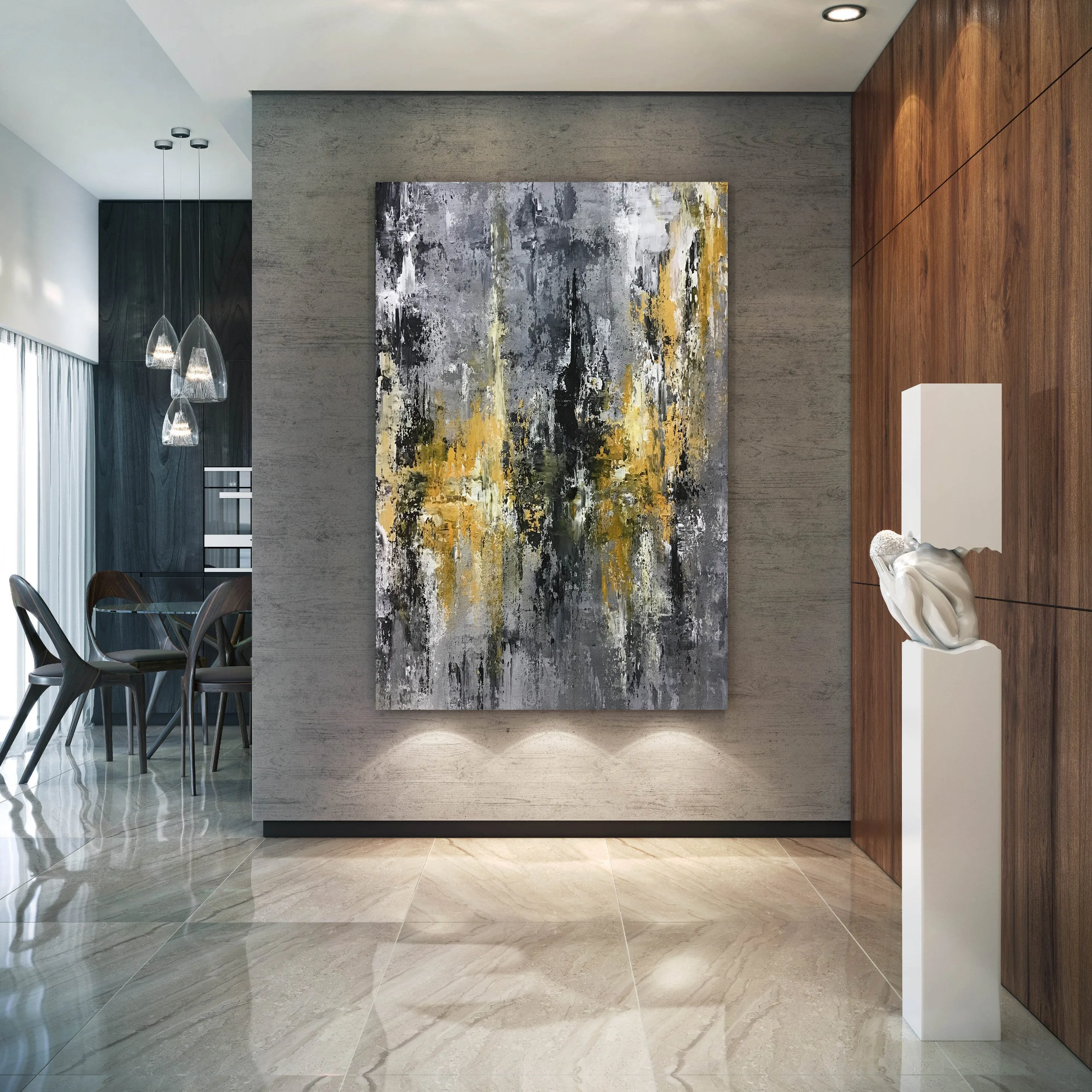 Large Black Grey Yellow Abstract Painting Office Decor Fp025