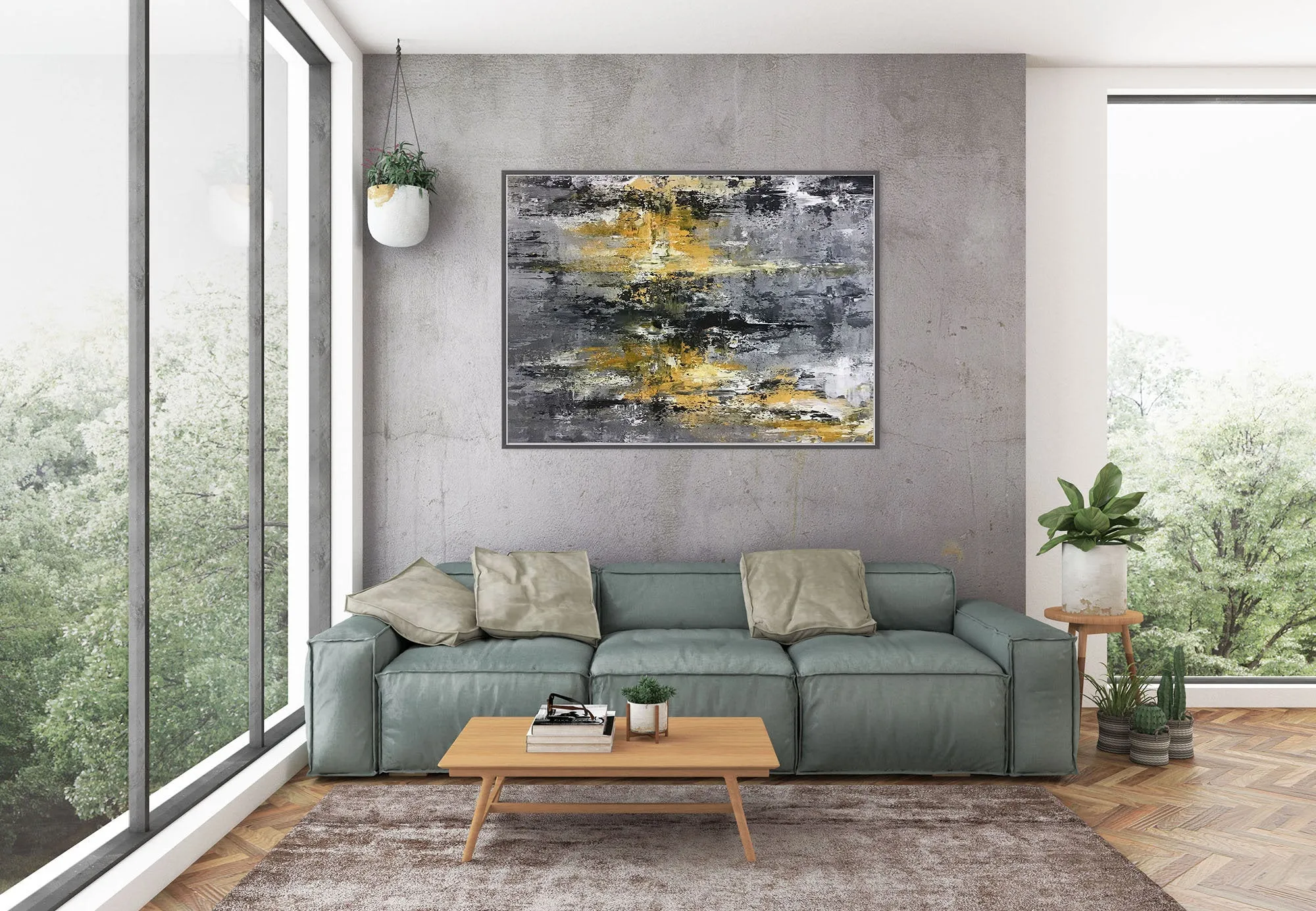 Large Black Grey Yellow Abstract Painting Office Decor Fp025