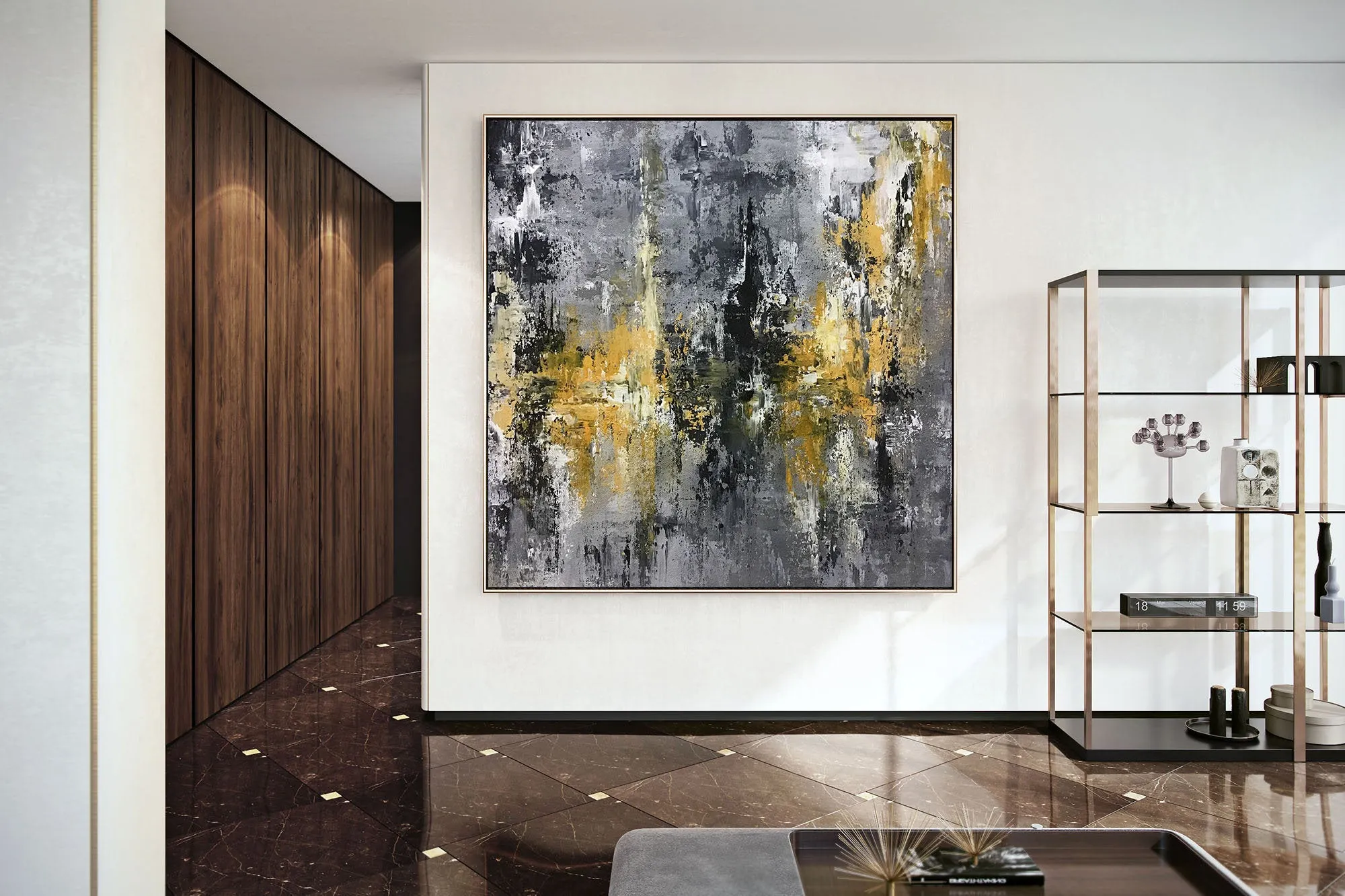 Large Black Grey Yellow Abstract Painting Office Decor Fp025