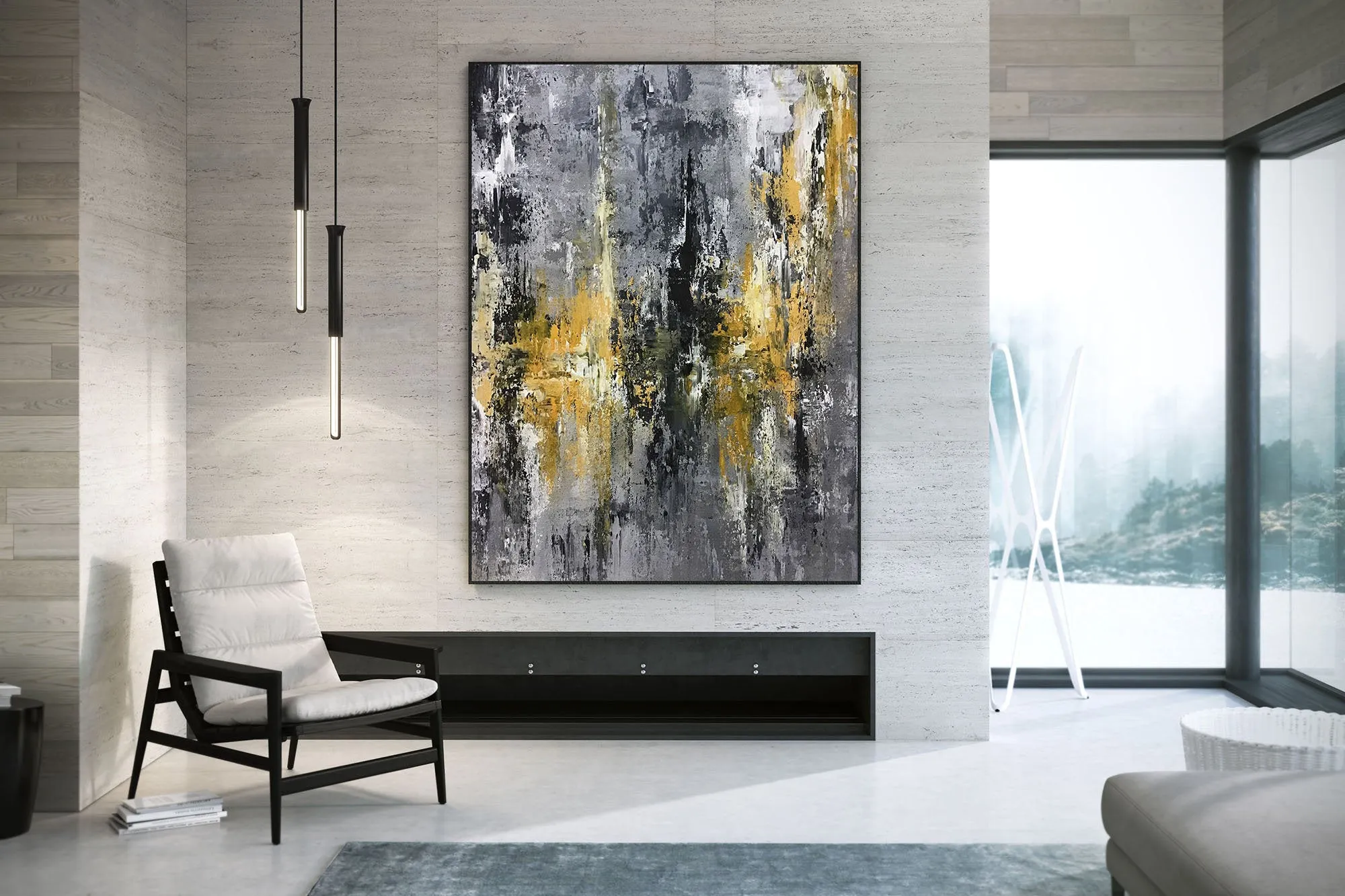 Large Black Grey Yellow Abstract Painting Office Decor Fp025