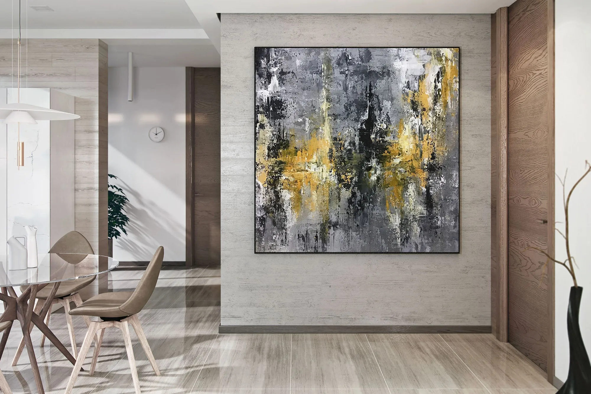 Large Black Grey Yellow Abstract Painting Office Decor Fp025