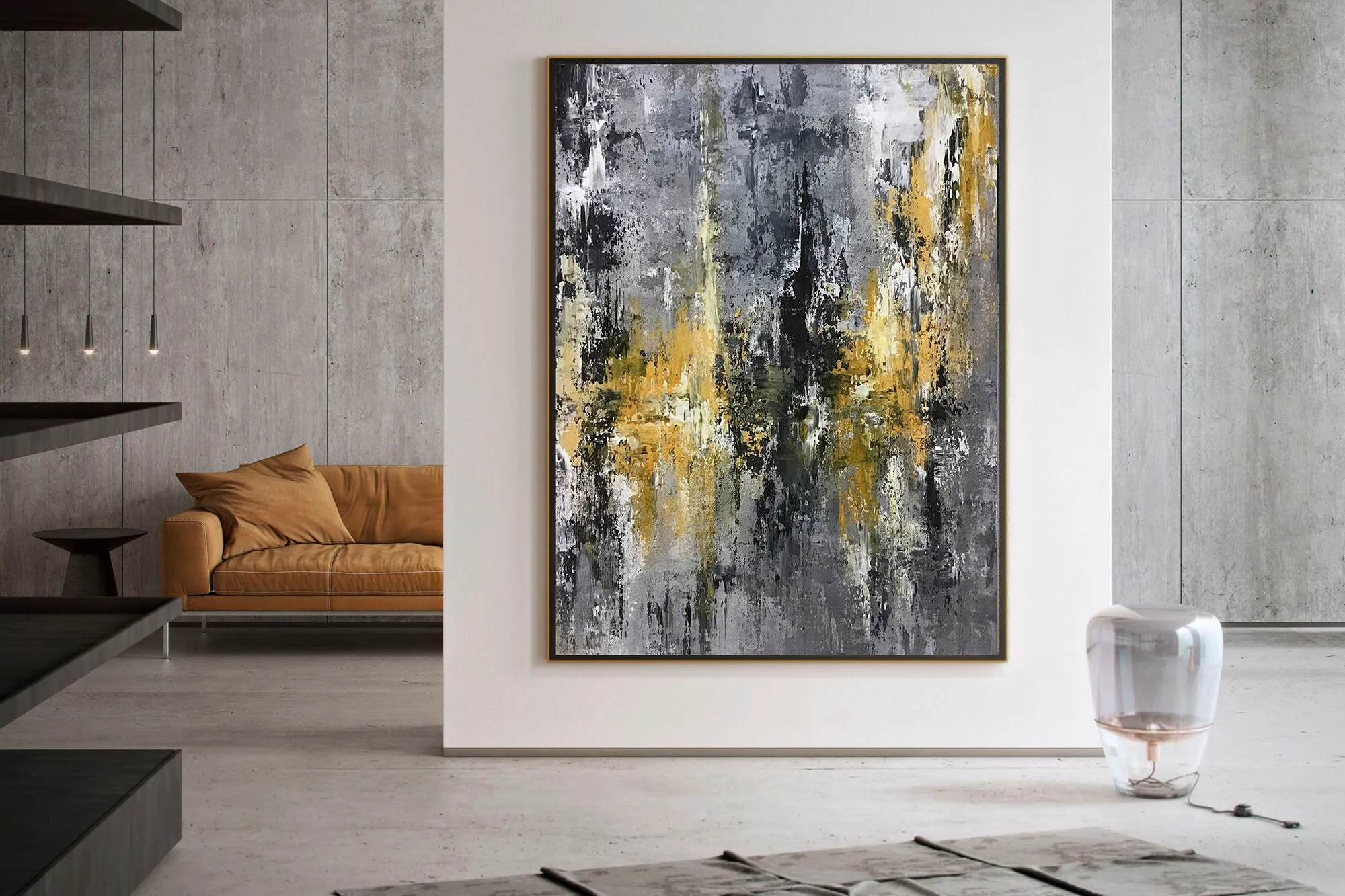 Large Black Grey Yellow Abstract Painting Office Decor Fp025