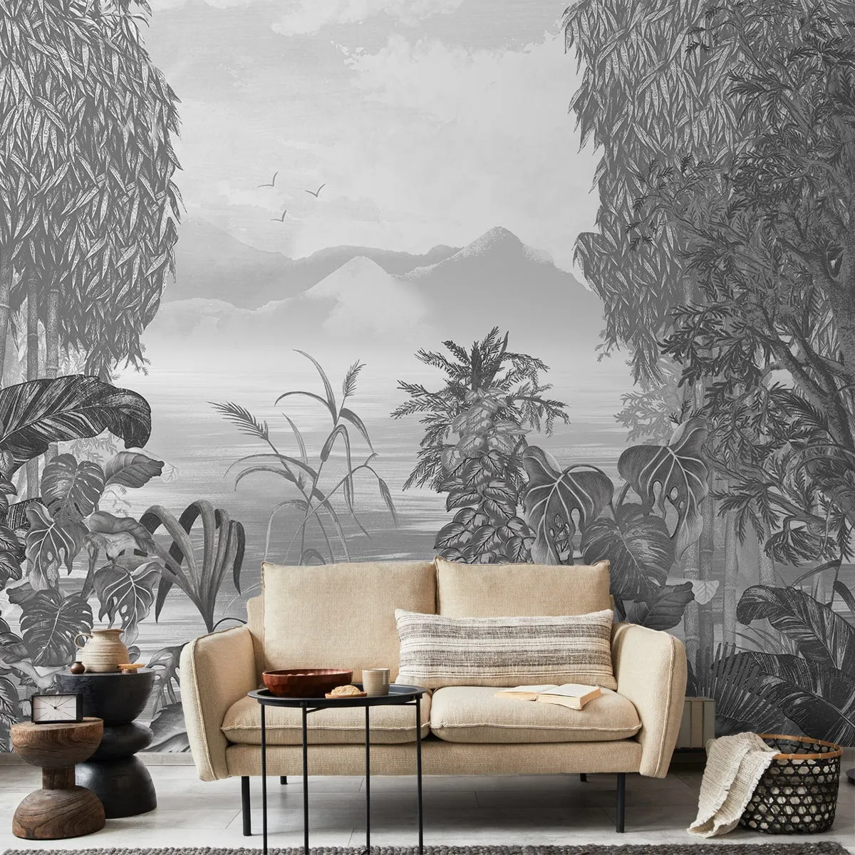 Life in Nature Black & White Jungle Wallpaper