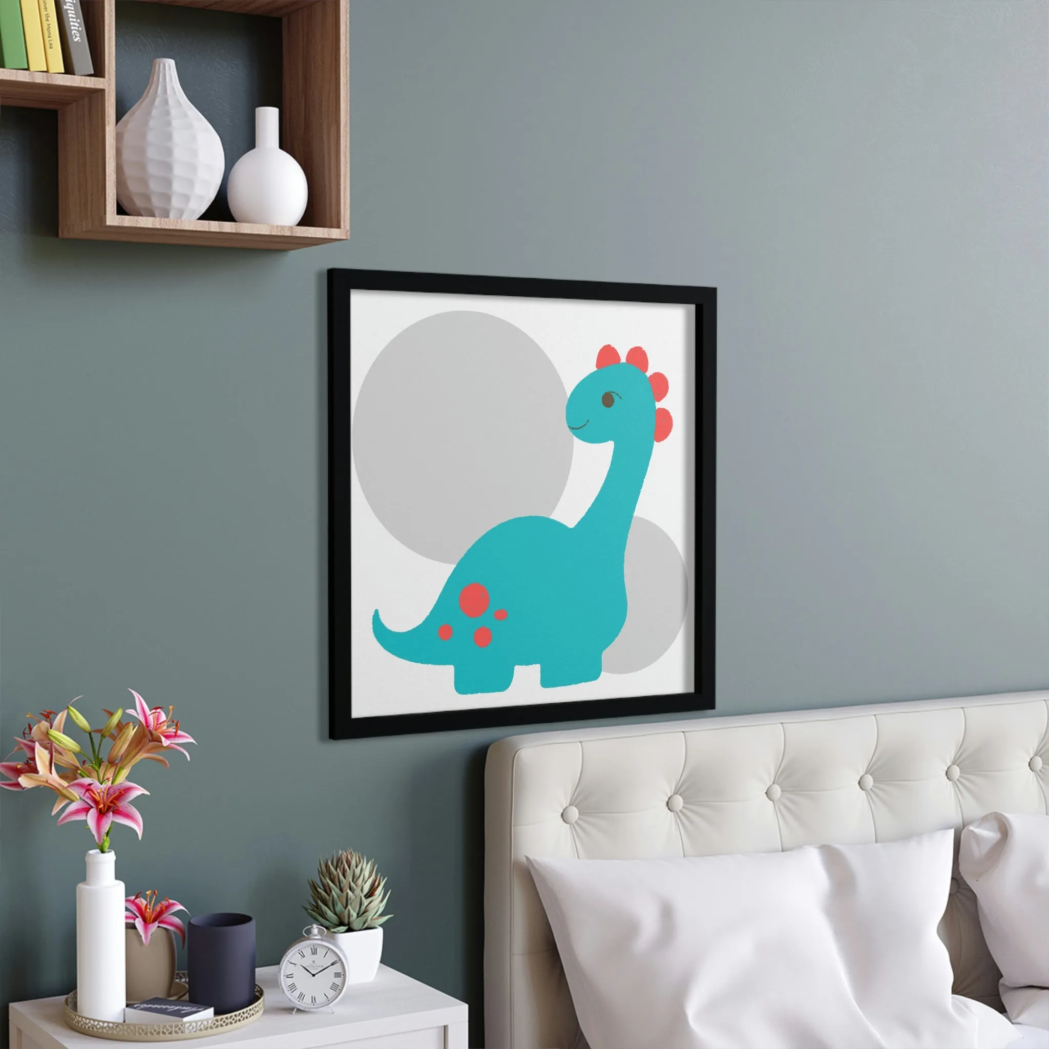 Light Blue Long Neck Dinosaur Framed Poster