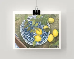 Limited edition print of lemons on a blue and white plate