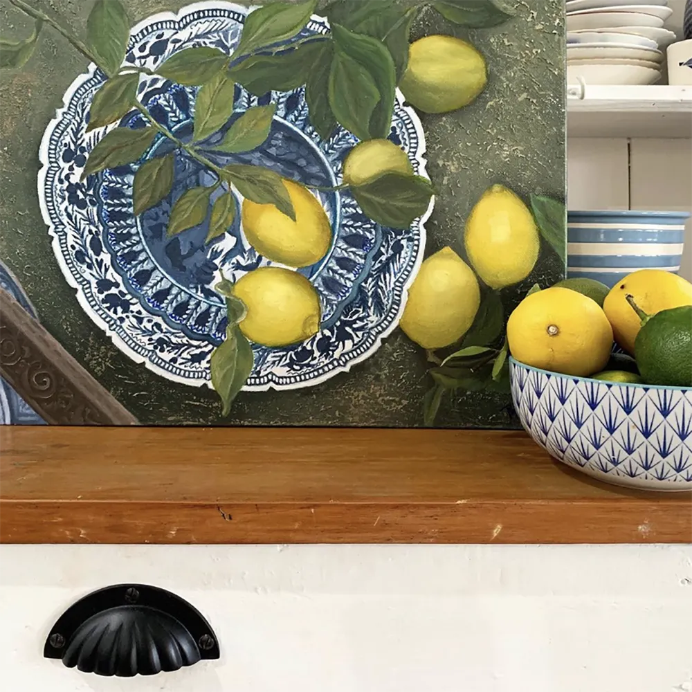 Limited edition print of lemons on a blue and white plate
