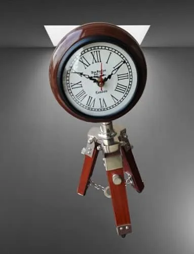 MAGNE NAUTICAL || Wooden and Metal Tripod Clock with Stand Antique for Home, Office, Living Room Brown