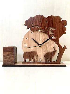 MYESHOP Retail® Fancy Looking Wooden Table Clock & Holder with Elephant and Tree Design and Pen Holder.