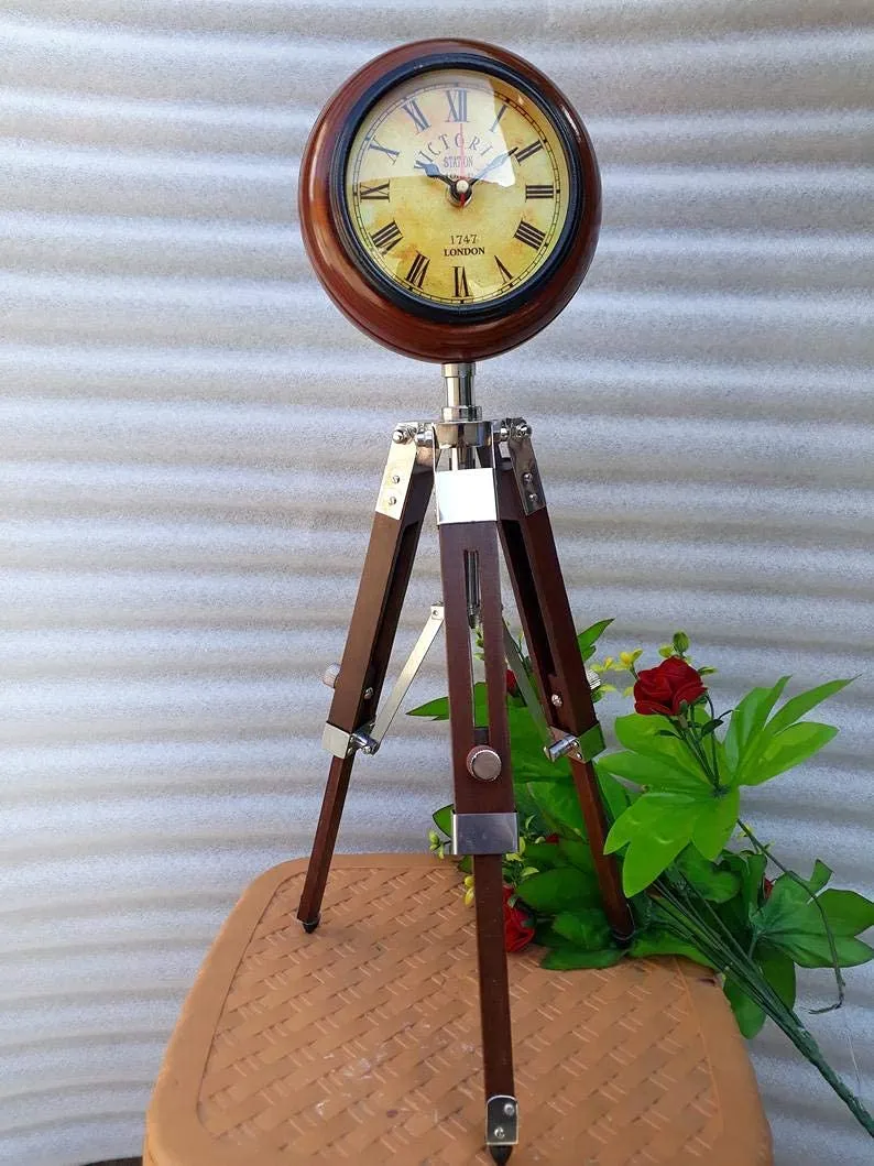 Nautical Gallery 5 inch Wooden Table Clock with Adjustable Tripod Stand Heavy Quality for Home Decoration (Brown)