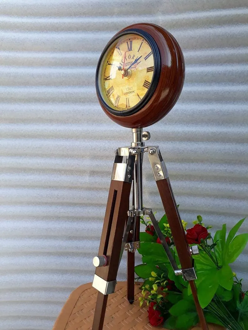 Nautical Gallery 5 inch Wooden Table Clock with Adjustable Tripod Stand Heavy Quality for Home Decoration (Brown)