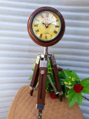 Nautical Gallery 5 inch Wooden Table Clock with Adjustable Tripod Stand Heavy Quality for Home Decoration (Brown)