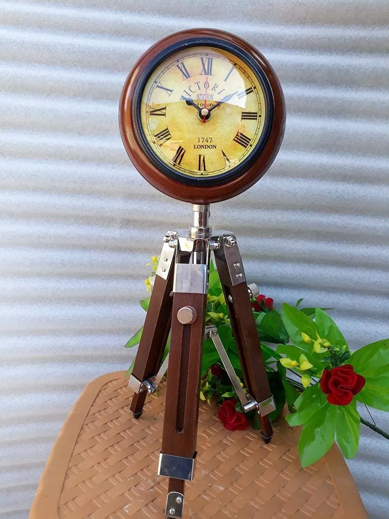 Nautical Gallery 5 inch Wooden Table Clock with Adjustable Tripod Stand Heavy Quality for Home Decoration (Brown)