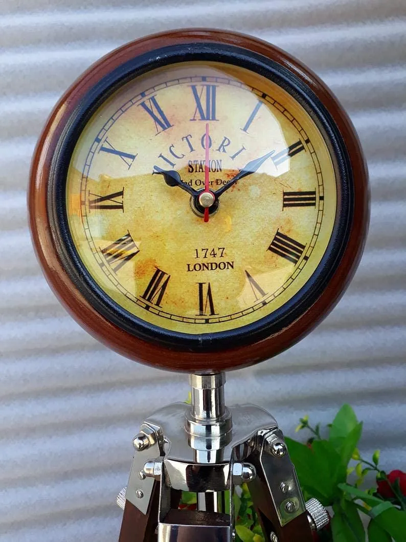 Nautical Gallery 5 inch Wooden Table Clock with Adjustable Tripod Stand Heavy Quality for Home Decoration (Brown)