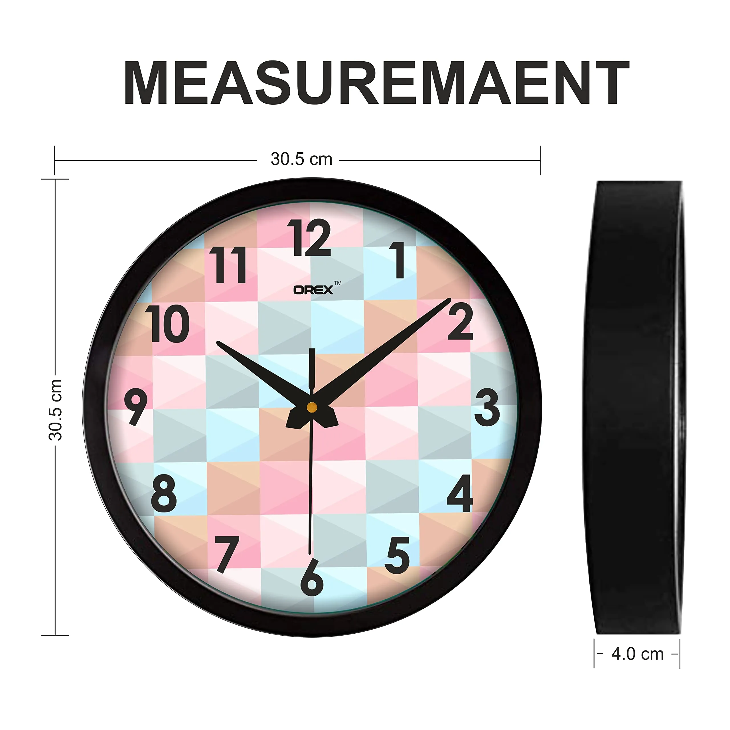 OREX 12 inch Round Shape Wall Clock Home/Kitchen/Living Room/Bedroom/Office, Black Multicolor (30.5 x 30.5 x 4 cm) - 20