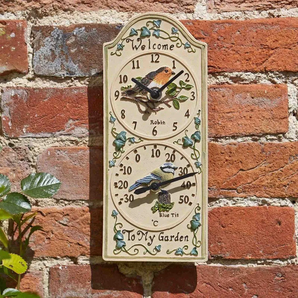 Outside In 28cm Birdberry Wall Clock & Thermometer
