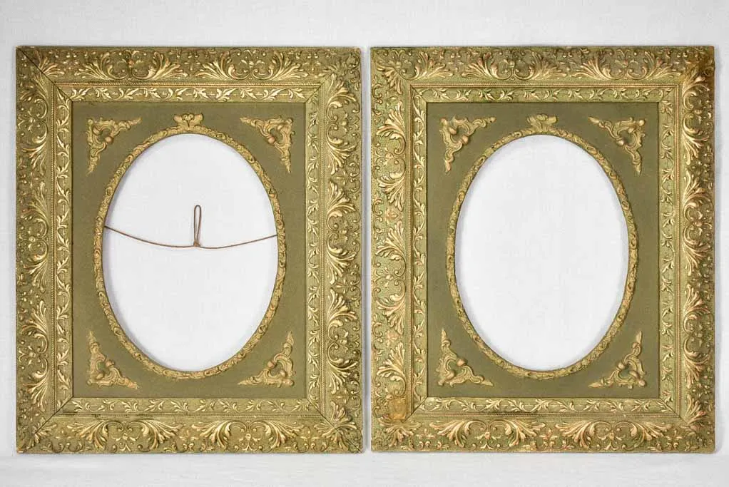 Pair of Napoleon III portrait frames sage green and gold - oval 11" x 15" display