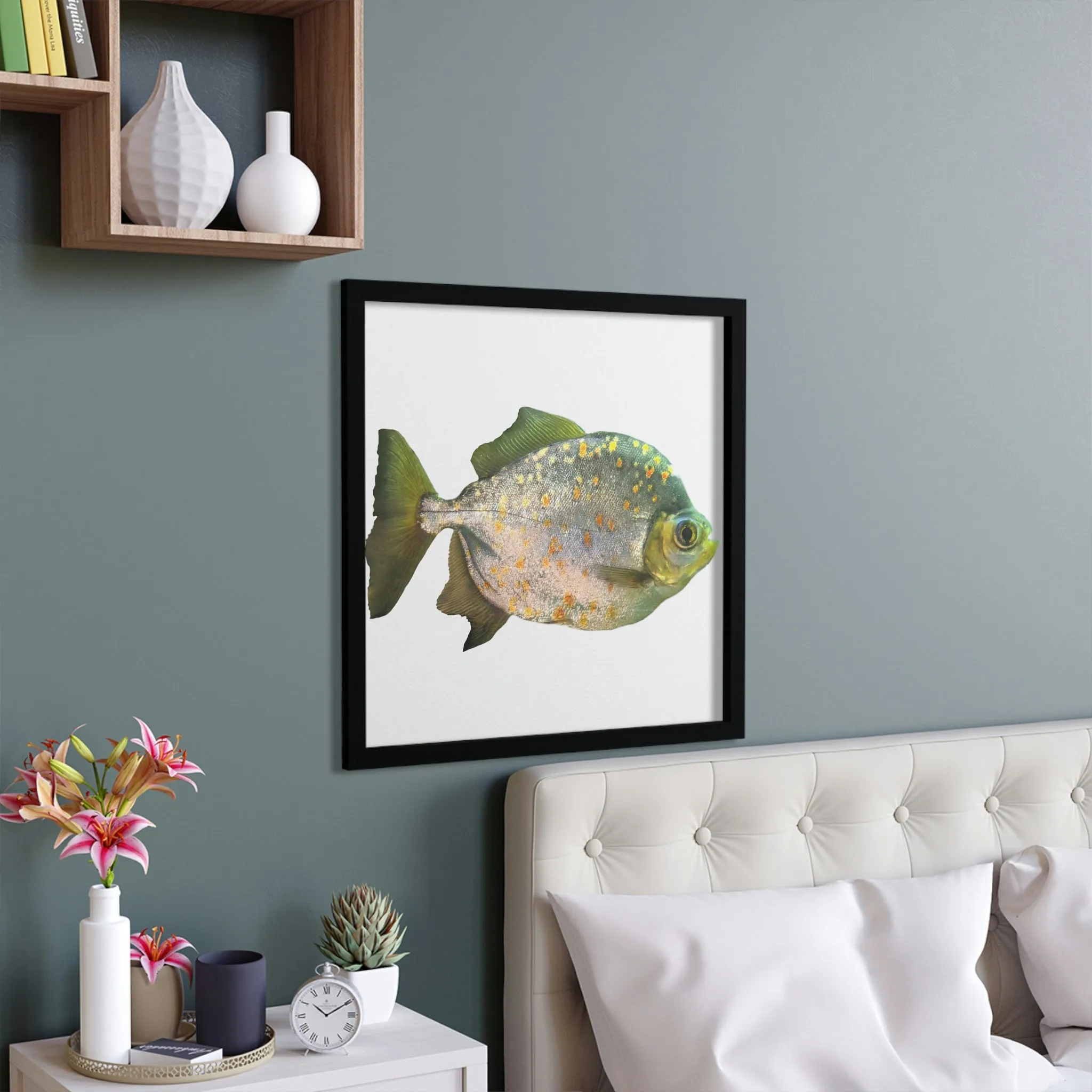 Piranha Green Fish with Specs Framed Poster