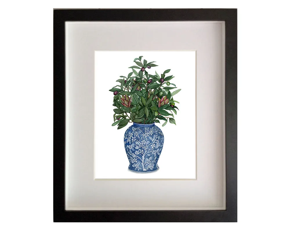 Print of an antique blue and white Delft vase with olive branches
