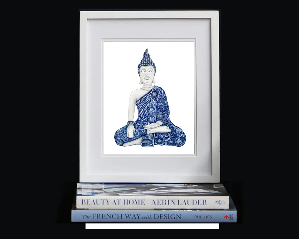 Print of blue and white Buddha meditating in the Earth-Touching pose