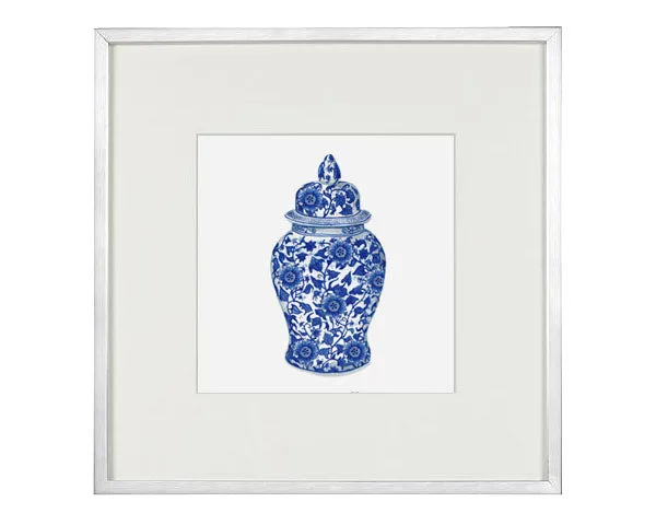 Print of Blue and white Ming china vase with flower and leaf