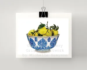 Print of lemons in a blue and white bowl