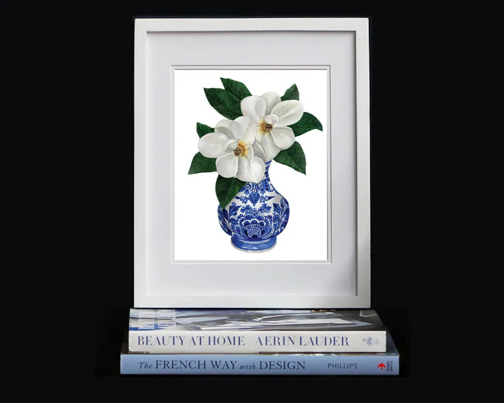 Print of magnolias in a blue and white vase