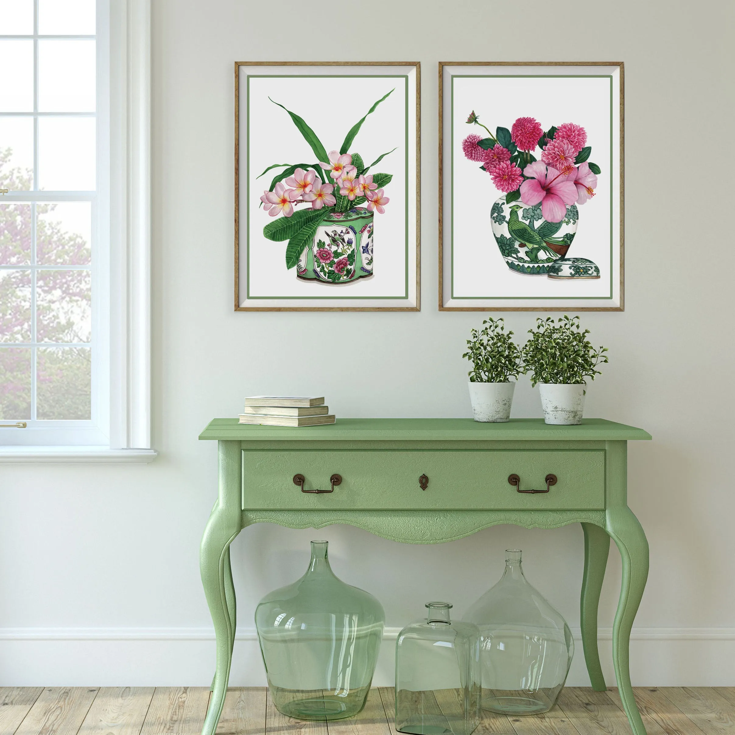 Print of pink frangipanis antique green and pink caddy