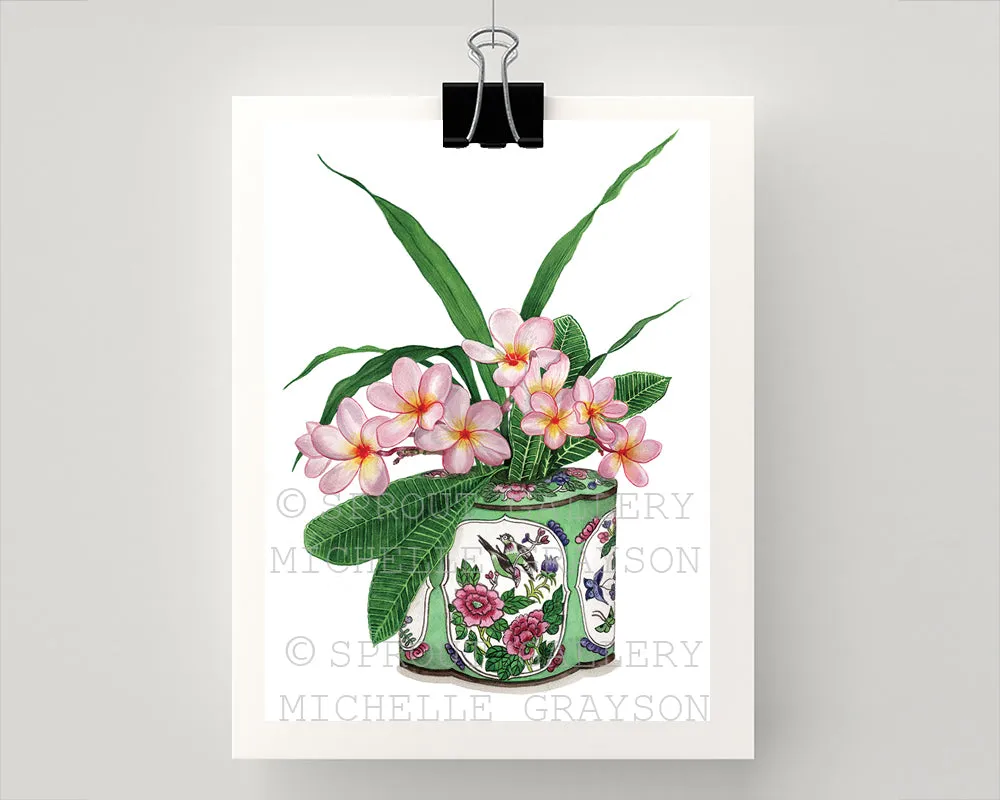 Print of pink frangipanis antique green and pink caddy