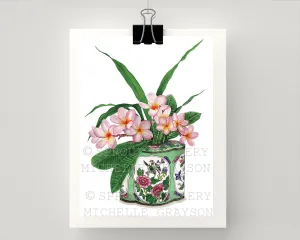 Print of pink frangipanis antique green and pink caddy