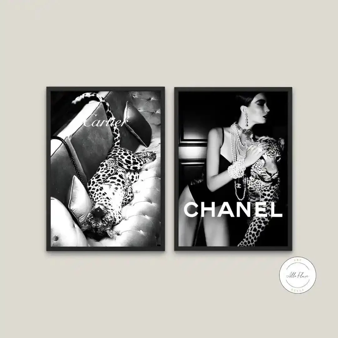 Set Of 2 Leopard Luxury Fashion Black & White Wall Art INSTANT DOWNLOAD Art Prints, Luxury Décor, High Fashion Prints, Glam Decor
